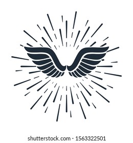 Wings in the rays. The pursuit of dreams. Vector icon on a white background.