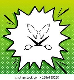 Wings and scissors sign. Black Icon on white popart Splash at green background with white spots. Illustration.
