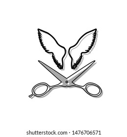 Wings and scissors sign. Black line icon with gray shifted flat filled icon on white background. Illustration.