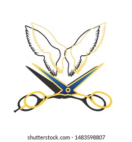 Wings and scissors sign. Blue icon with gold contour with dark gray shadow at white background. Illustration.