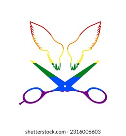 Wings and scissors sign. Rainbow gay LGBT rights colored Icon at white Background. Illustration.