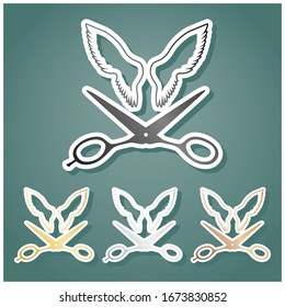 Wings and scissors sign. Set of metallic Icons with gray, gold, silver and bronze gradient with white contour and shadow at viridan background. Illustration.