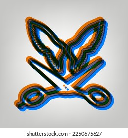 Wings and scissors sign. Stroked Icon in orange, azure and old lavender Colors at gray Background. Illustration.