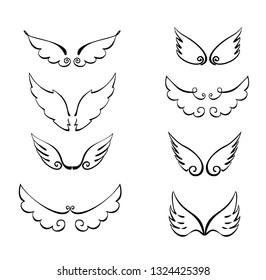 Wings set. Angel winged glory halo cute line drawings vector illustration black on white background