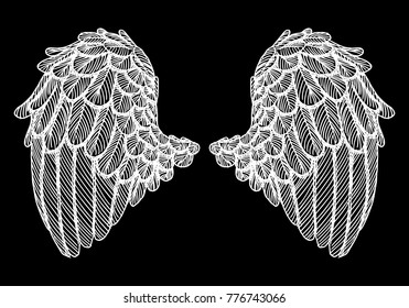 Wings. Set of black white bird and angel wings in open position isolated vector illustration. 