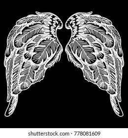 Wings. Set of black white bird and angel wings in open position isolated vector illustration. 