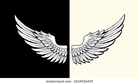 wings set black and white line art vector illustration. Eagle wing with feather silhouette vector design, wing vector art, illustration wing, line art drawn, concept art. Bird or Angel wings tattoo