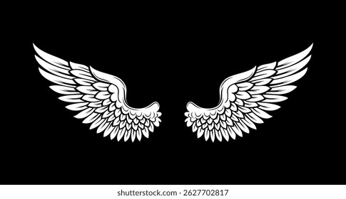 wings set black and white line art vector illustration. Eagle wing with feather silhouette vector design, wing vector art, illustration wing, line art drawn, concept art. Bird or Angel wings tattoo