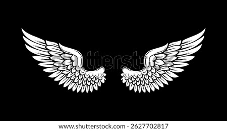wings set black and white line art vector illustration. Eagle wing with feather silhouette vector design, wing vector art, illustration wing, line art drawn, concept art. Bird or Angel wings tattoo