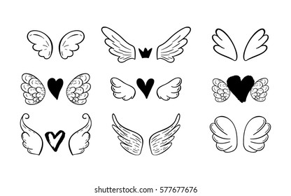 Wings set with hearts for Valentines Day and wedding greeting cards, posters. Vector hand drawing icon.