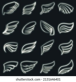 Wings set icons in neon style isolated on a black background