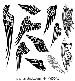 Wings set linear silhouette isolated on white background, vector illustration