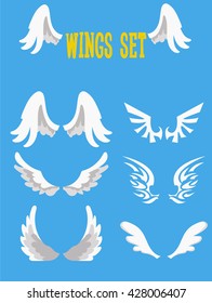 Wings set on blue background. Heraldic wings. Element for logo, label and emblems design. Vector illustration.