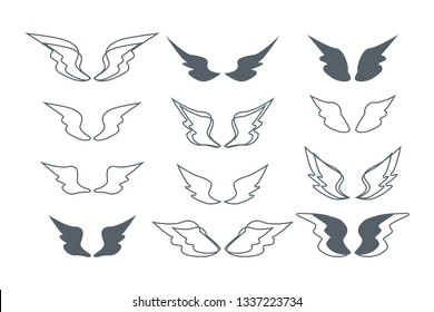 wings set. silhouette and outline vector illustration on white background