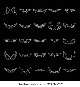 Wings set thin line vector illustration for design and web isolated on black background. Wings house vector object for labels, logos and advertising