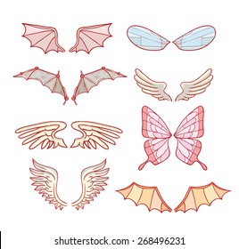 wings set, vector illustrations.