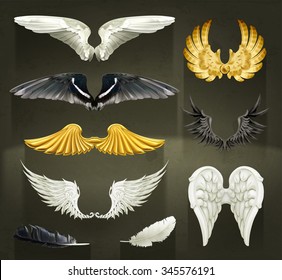 Wings, set vector illustrations on black background