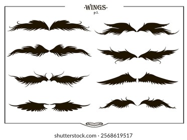 Wings shape set, tattoo sketch, angel wings, fantastic wings, hand drawn illustration. 