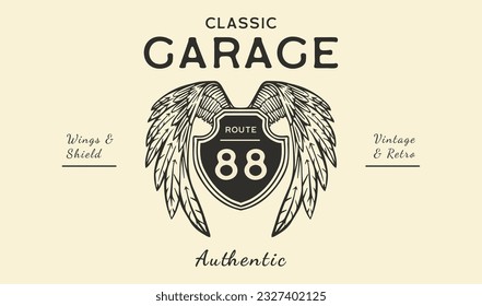 wings and shield drawing for badge logo design. fit for motor club logo, clothing design, game and recreational, vintage logo, retro logo.