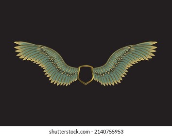 Flügel und Schild Logo Vorlage mit goldener Farbe. Luxus-Engelsflügel auf schwarzem Hintergrund.
