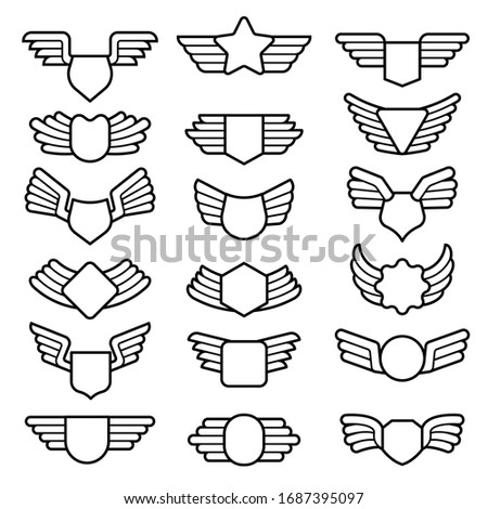 Wings shields. Air army emblems or badges flight corporate insignia vector templates collection
