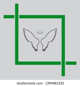 Wings sign illustration. Black icon inside green crop tool at light gray background