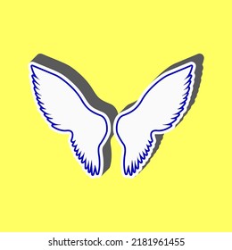 Wings sign illustration. Blue Icon with white stroke in 3d at yellow Background. Illustration.