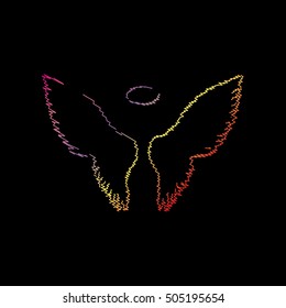 Wings sign illustration. Coloful chalk effect on black backgound.