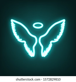 Wings sign illustration. Cyan neon icon in the dark. Bluring. Luminescence. Illustration.