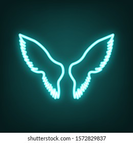 Wings sign illustration. Cyan neon icon in the dark. Bluring. Luminescence. Illustration.