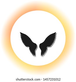 Wings sign illustration. Dark icon with shadow on the glowing circle button. Illustration.