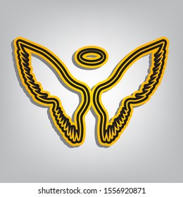 Wings sign illustration. Flat orange icon with overlapping linear black icon with gray shadow at whitish background. Illustration.