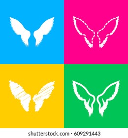 Wings sign illustration. Four styles of icon on four color squares.