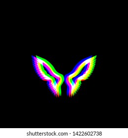 Wings sign illustration. Red, green and blue unfocused contour icon at black background. Illustration.