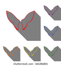 Wings sign illustration. Set of red, orange, yellow, green, blue and violet icons at white background with flat shadow.