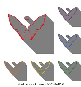 Wings sign illustration. Set of red, orange, yellow, green, blue and violet icons at white background with flat shadow.