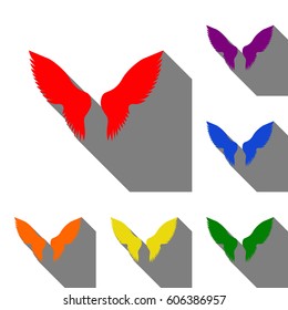 Wings sign illustration. Set of red, orange, yellow, green, blue and violet icons at white background with flat shadow.
