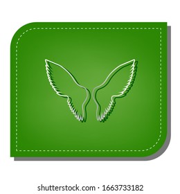 Ilustración del signo de las alas. Icono de línea de gradiente plateado con sombra verde oscuro en hoja verde con parches ecológicos. Ilustración.