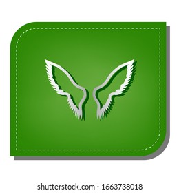 Wings sign illustration. Silver gradient line icon with dark green shadow at ecological patched green leaf. Illustration.