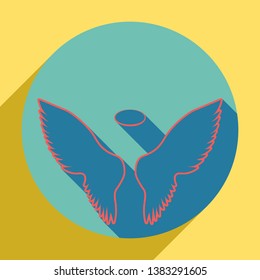 Wings sign illustration. Sunset orange icon with llapis lazuli shadow inside medium aquamarine circle with different goldenrod shadow at royal yellow background.