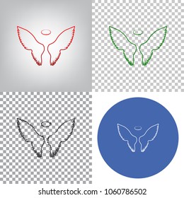 Wings sign illustration. Vector. 4 styles. Red gradient in radial lighted background, green flat and gray scribble icons on transparent and linear one in blue circle.