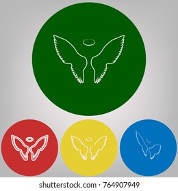 Wings sign illustration. Vector. 4 white styles of icon at 4 colored circles on light gray background.