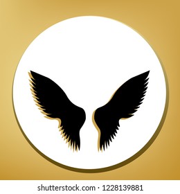 Wings sign illustration. Vector. Black icon with light brown shadow in white circle with shaped ring at golden background.