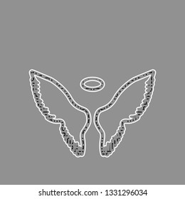 Wings sign illustration. Vector. Black maze filled icon with white border at gray background.