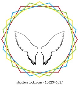 Wings sign illustration. Vector. Black icon with patch of light inside colorful hexagonal frames at white background.