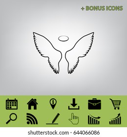 Wings sign illustration. Vector. Black icon at gray background with bonus icons at celery ones