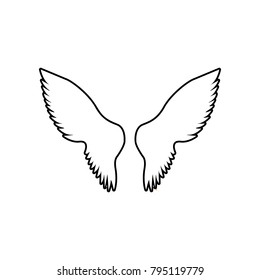 Wings sign illustration. Vector. Black line icon with shifted flat orange filled icon on white background. Isolated.