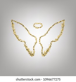 Wings sign illustration. Vector. Blackish icon with golden stars at grayish background.