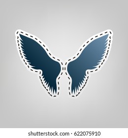 Wings sign illustration. Vector. Blue icon with outline for cutting out at gray background.