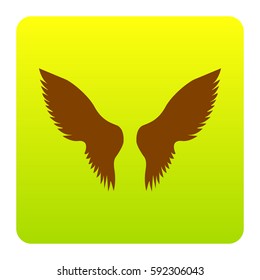 Wings sign illustration. Vector. Brown icon at green-yellow gradient square with rounded corners on white background. Isolated.